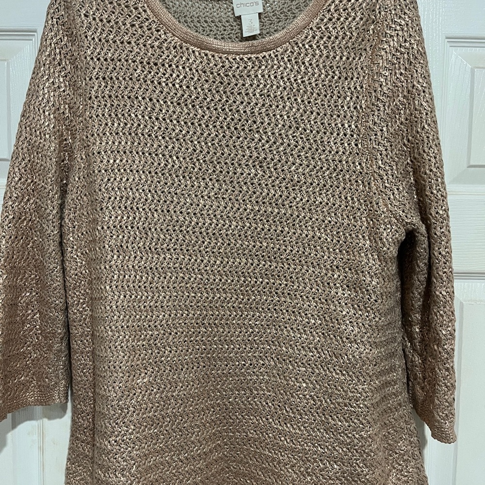 Chico's Tan Crew Neck Sweater with Loose Knit and Three-Quarter Sleeves
